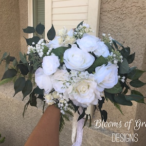 Bridal bouquet faux white roses , bride  bouquet, white boho bouquets, boho bride, wedding bouquet, artificial flowers bouquet in white