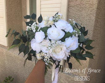 Bridal bouquet faux white roses , bride  bouquet, white boho bouquets, boho bride, wedding bouquet, artificial flowers bouquet in white
