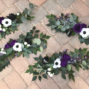 Black and purple wedding swag, black flowers set, halloween wedding arrangements, pew decorations, aisle marker anemones.