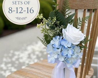 Dusty Blue Hochzeit Party Dekor, Bank Blumen Set, Stuhl Dekorationen für die Zeremonie, Hortensie & Rose Gang Dekor, Hochzeit Swag, Set von 8 12 16
