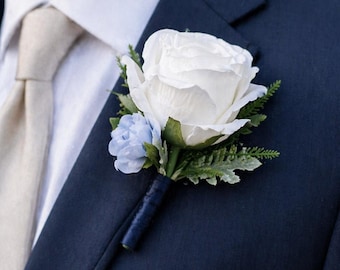 Dusty Blue & White Rose Boutonniere, Groom Boutonniere, Wedding Boutonniere, Groomsmen Flower, Navy Ribbon, Rustic Wedding Flower