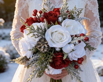 Winterbruidsboeket, rood bruidsboeket, kerstbruidsbloemen, boeket met dennenappelrozen, wit bruidsboeket, rode trouwbloemen
