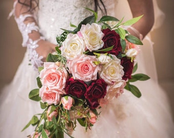 Pink bride bouquet, garden wedding bouquet, pink roses bridal bouquets, bride bouquet burgundy.
