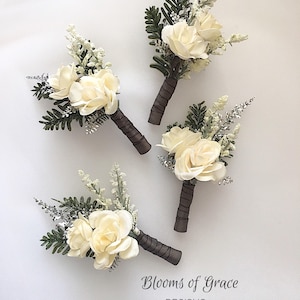 Wedding boutonniere, winter boutonniere , ivory boutonniere, groomsmen flowers, groom boutonniere, pinecone boutonniere. image 1