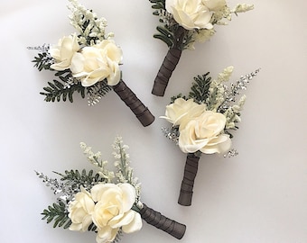 Wedding boutonniere, winter boutonniere , ivory boutonniere, groomsmen flowers, groom boutonniere, pinecone boutonniere.