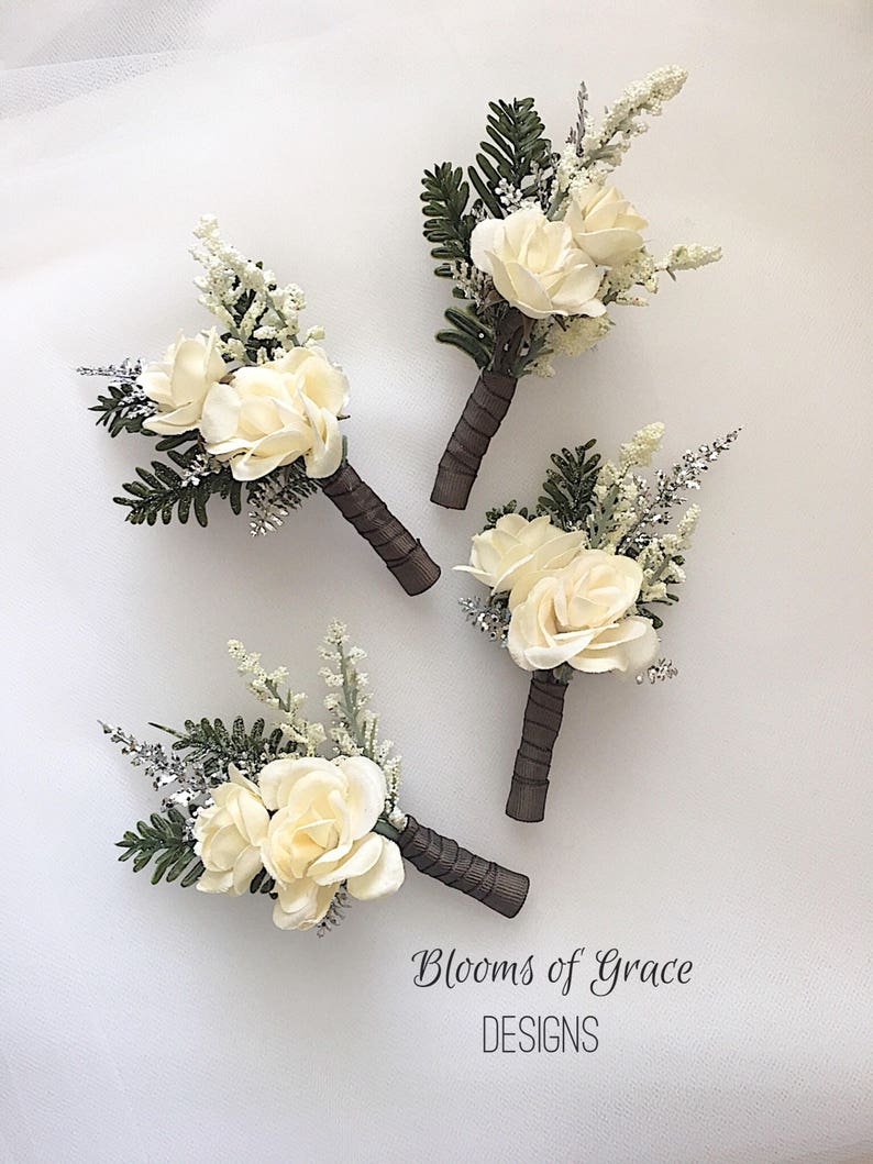 Wedding boutonniere, winter boutonniere , ivory boutonniere, groomsmen flowers, groom boutonniere, pinecone boutonniere. image 1