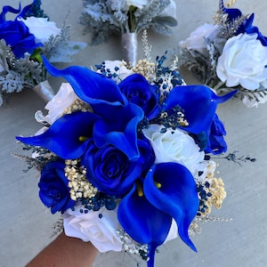 Royal Blue and White Bridal Bouquet – Calla Lily & Rose Wedding Bouquet, Elegant Artificial Bouquet Set, Blue and White Wedding Flowers