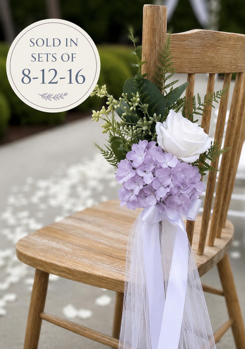 Purple-themed wedding ceremony supplies - lavender hydrangea wedding chair or pew bows