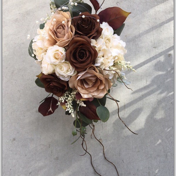 Wedding bouquet, cascade bride, ivory bouquet. Autumn bride bouquet, brown bridal bouquet, coffee color roses.