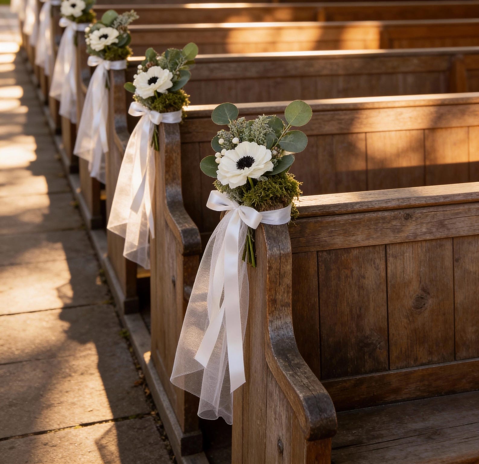 Wedding Pew Decoration, Anemone Aisle Decor, Aisle Markers, White
