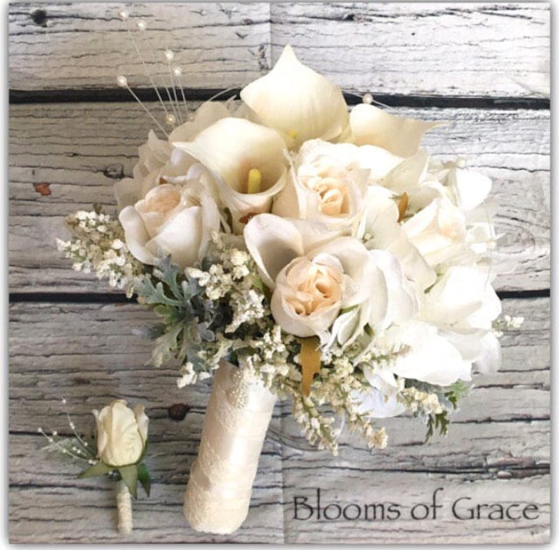 hydrangeas and pearls White bride bouquet calas wedding. bridal bouquet