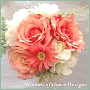 Coral bride bouquet, coral roses, bridal bouquet, rustic wedding bouquet.