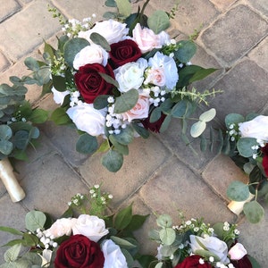 Bride bouquet, eucalyptus wedding, burgundy bouquet, red bridal bouquet, bridesmaids bouquet, pew decorations, fall bride bouquet.