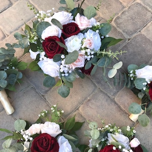 Bride bouquet, eucalyptus wedding, burgundy bouquet, red bridal bouquet, bridesmaids bouquet, pew decorations, fall bride bouquet.