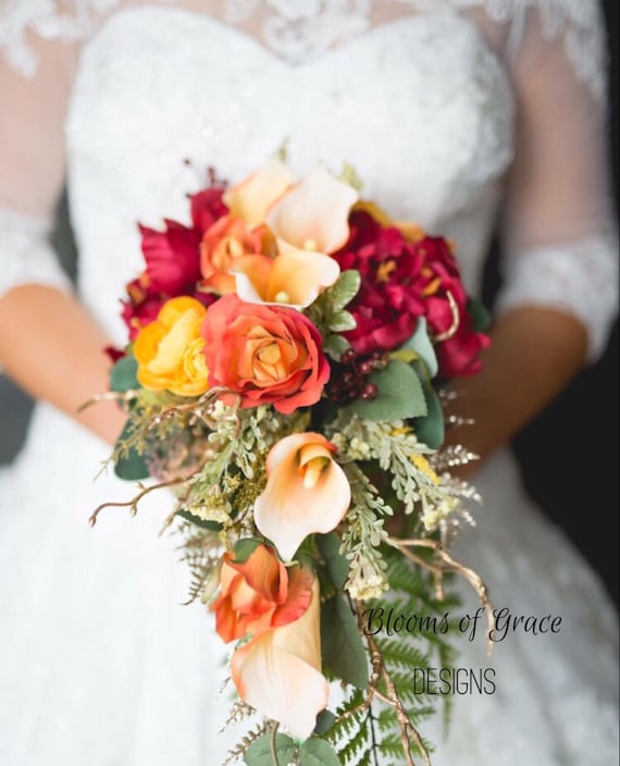 Bouquet Dautomne Fleurs De Mariage Orange Rouge Or Comprend La Boutonnière Du Marié