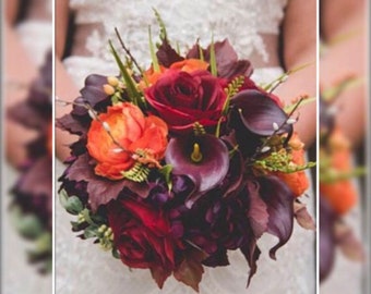 Fall wedding bouquet, plum wedding flowers, autumn bouquet, calla flowers, orange bouquet, boho bouquet, bride bouquet.