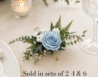 Corsage de boda, corsage de flores artificiales, conjunto de corsage para damas de honor, azul empolvado, corsage lavanda rosado, para muñeca o broche, elegante corsage de boda.