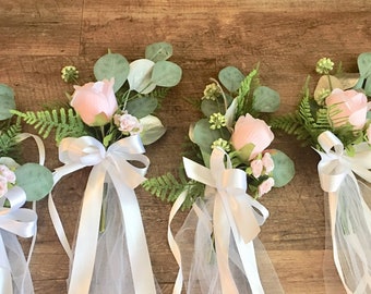 Wedding pew decoration, pew, winter wedding decoration, church decoration, pale pink roses.