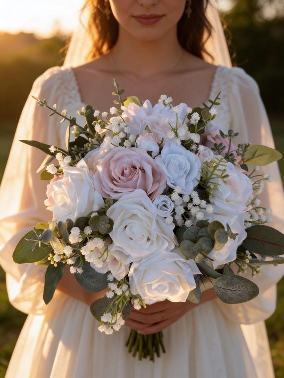flowers for ivory wedding dress Blush Rose Bridal Bouquet, Pink Flowers, Eucalyptus and Baby's Breath Bride Bouquet white and beige wedding flowers