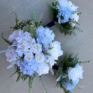 Dusty Blue & White Bridal Bouquet Set | Faux Wedding Flowers with Hydrangeas, Roses and Greenery Blue wedding decor Light blue flowers
