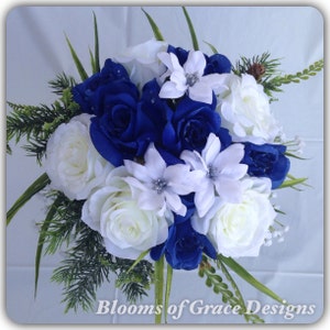 Royal blue round bouquet roses blue and white. Wedding bouquet.