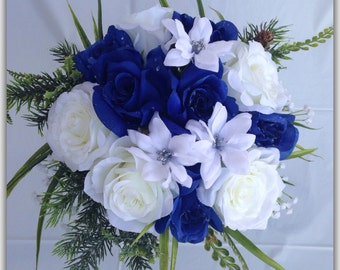 Royal blue round bouquet roses blue and white. Wedding bouquet.