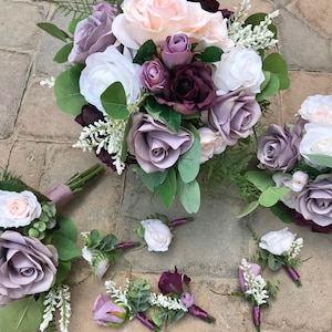 Bridal bouquets, flower wedding bouquet, plum color wedding, roses bridal bouquets, plum bride bouquet, set for wedding.