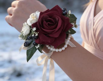 Burgundy wrist corsage, burgundy prom corsage, mother corsage, mini rose corsage, bridesmaids corsage.