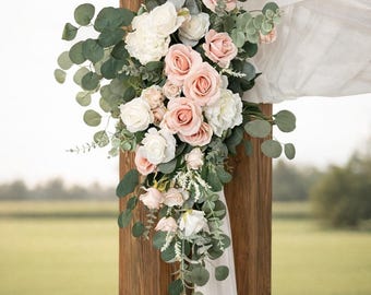 Flores para arco de boda en tonos rosa y marfil, arreglo floral para arco, decoración para el fondo de la ceremonia, guirnalda de eucalipto para arco de boda, jardín romántico