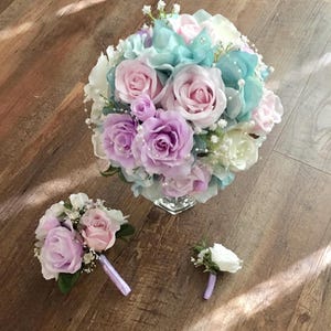 Pastel Bridal Bouquet Set, Soft Lilac, Pink and Aqua Wedding Flowers, bride bouquets, bridesmaids lilac bouquet