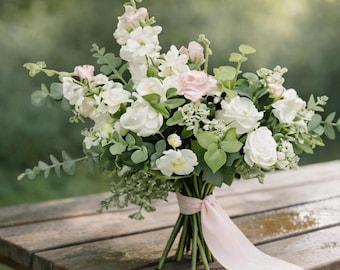 Garden Style Brautstrauß - Ivory Blush Eukalyptus Hochzeitsblumen - Romantischer Outdoor Brautstrauß