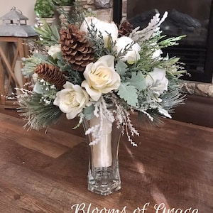 White wedding bouquet, bride bouquet, bridesmaid bouquet, rustic wedding flowers, pinecone bouquet, winter bouquet, for sale or rent.