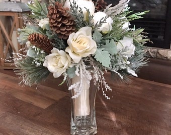 White wedding bouquet, bride bouquet, bridesmaid bouquet, rustic wedding flowers, pinecone bouquet, winter bouquet, for sale or rent.