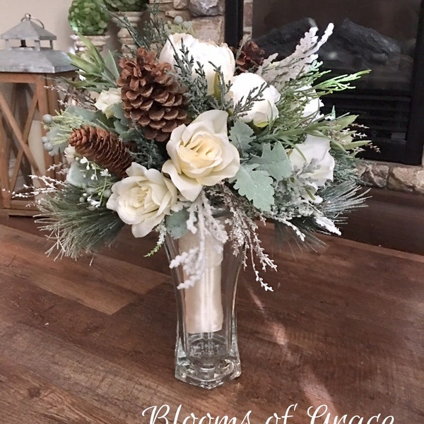 White wedding bouquet, bride bouquet, bridesmaid bouquet, rustic wedding flowers, pinecone bouquet, winter bouquet.