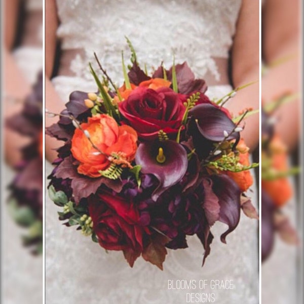 Fall wedding bouquet, plum round bouquet, callas and roses bride bouquet, orange and purple bridal bouquet for sale or rent, ask me how.