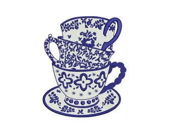 Chinoiserie Stacked Tea Cups- Digital Machine Embroidery File- Baby Lee Digital Design-Instant Download- 4 SIZES-