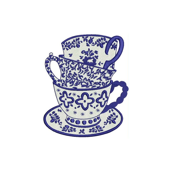 Chinoiserie Stacked Tea Cups- Digital Machine Embroidery File- Baby Lee Digital Design-Instant Download- 4 SIZES-