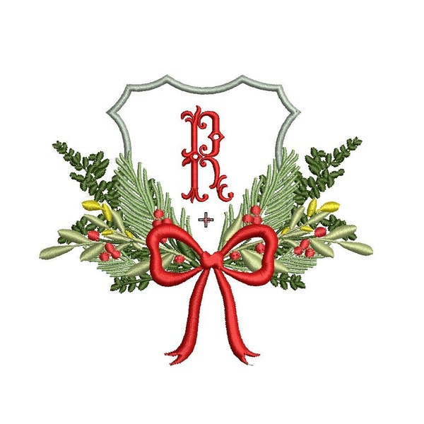 Christmas Floral Vintage Crest with Flowy Bow Digital Machine Embroidery File- Instant Download- Baby Lee Digital Design-4 SIZE