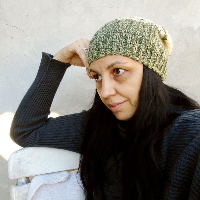 Unisex knit beanie Green slouchy hat Green beige hat Unique gift Wool knit beanie Beige green beanie