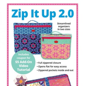 May include: A promotional image for "Zip It Up 2.0" organizers. The image features two zippered bags with colorful geometric patterns, and an open organizer with multiple pockets. Text includes "Streamlined organizers in two sizes" and "Sleek storage for the essentials!"