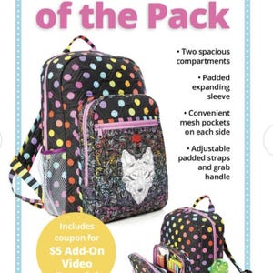 May include: Black backpack with colorful polka dots and a wolf design. Features two compartments, mesh pockets, and adjustable straps. The text "Leader of the Pack" is displayed on the front. Includes a coupon for a video tutorial.