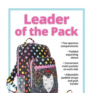 May include: A black and multi-colored polka dot backpack with a wolf graphic on the front. The backpack has two spacious compartments, a padded expanding sleeve, mesh pockets on each side, adjustable padded straps, and a grab handle. It includes a coupon for a $5 add-on video tutorial.