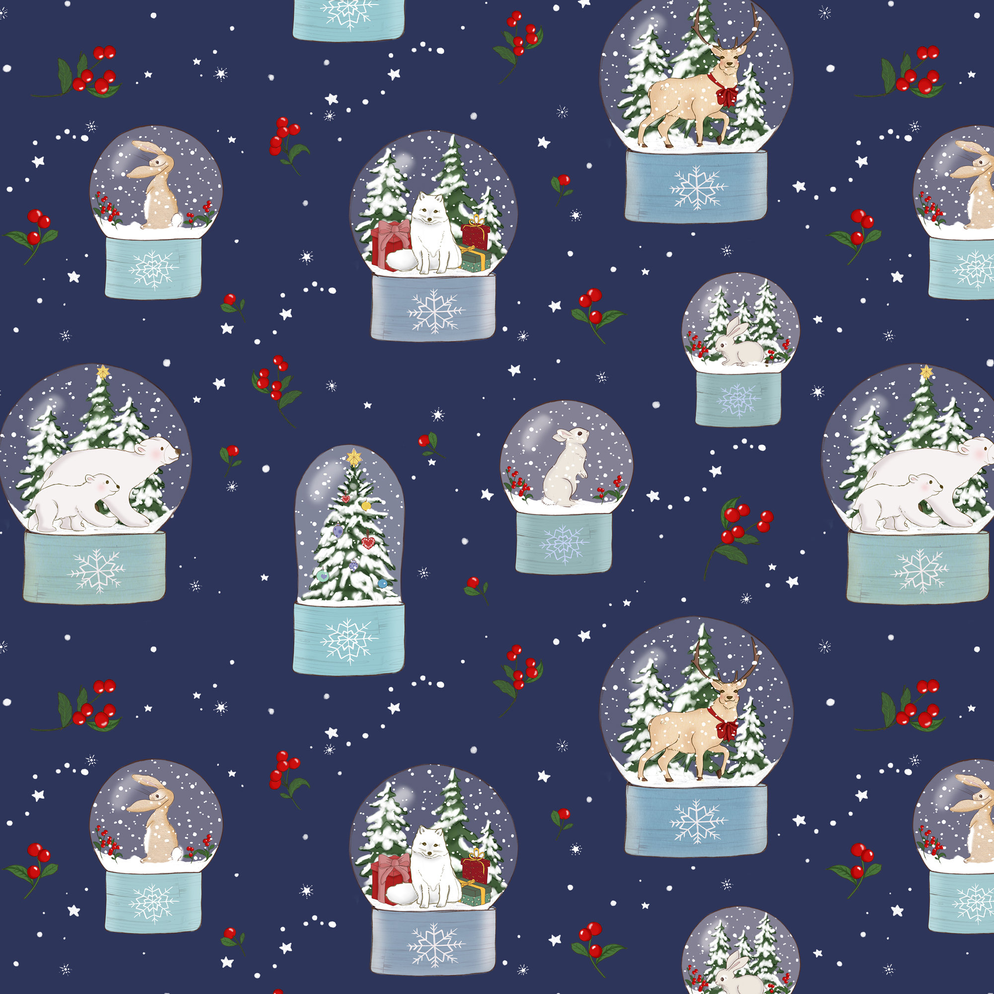 Belle and Boo Blue fabric with Snow globe icons/fat quarter cut/1/2 yd cuts/Holiday fabric/children's fabric/winter fabric/
