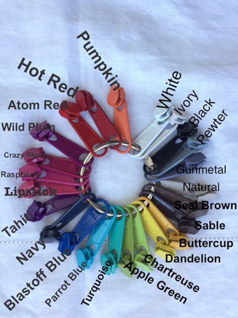 May include: A color chart of zipper pulls with different colors and names. The colors include hot red, atom red, wild plum, crazy plum, raspberry, lipstick, pumpkin, white, ivory, black, pewter, gunmetal, natural, seal brown, sable, buttercup, dandelion, chartreuse, apple green, tahiti, navy, blastoff blue, parrot blue, turquoise.