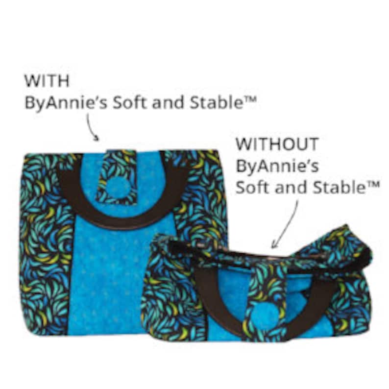May include: Two tote bags, one with a brown handle and a blue and green fabric with a leaf pattern, and one without a handle, showing the same fabric. The text "ByAnnie's Soft and Stable&trade;" is written on the image.