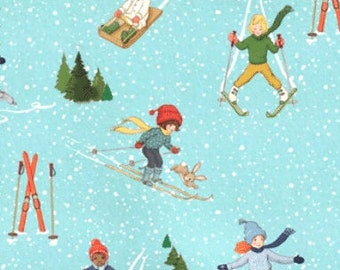 Belle and Boo Ski Fabric: Blue Cotton Poplin, Children's Holiday Print