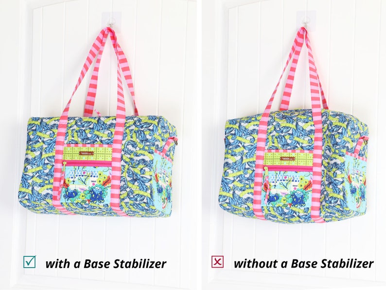 May include: Two identical blue and green patterned duffel bags with pink and white striped handles hanging on hooks. The bag on the left has a base stabilizer, while the bag on the right does not. The text "with a Base Stabilizer" is below the left bag and "without a Base Stabilizer" is below the right bag.