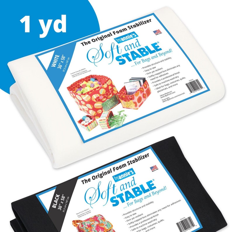 May include: One yard of white and black foam stabiliser fabric. The fabric is 36 inches by 58 inches. The packaging shows a close-up of the fabric and the text "The Original Foam Stabiliser by Annie's Soft and Stable... For Bags and Beyond!"