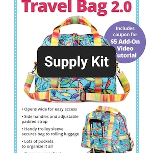 May include: A colorful travel bag with a floral print and a black label that says "Supply Kit". The bag has a zipper closure, side handles, and an adjustable padded strap. It also has a trolley sleeve to secure it to rolling luggage. The text "Ultimate Travel Bag 2.0" is at the top of the image. The text "The perfect travel companion!" is at the bottom of the image.