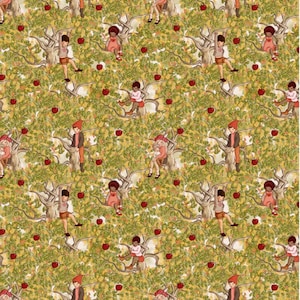 May include: A repeating pattern featuring children in an apple orchard. The illustration shows children in various poses, climbing trees and picking red apples. The trees have green leaves and brown branches, set against a cream background.